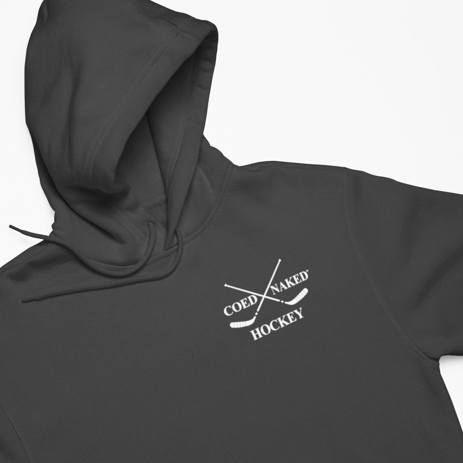 Coed Naked Hockey Hoodie - Says 2 Minutes In The Box Is Not Enough. Closeup of the hoodie front