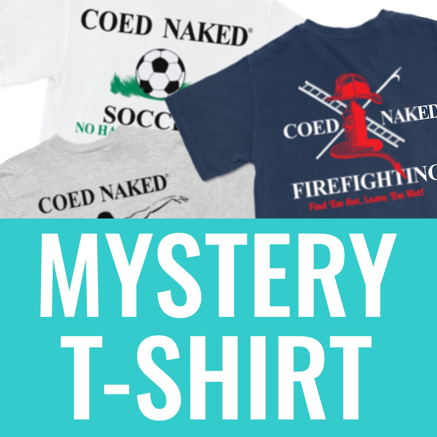 Mystery T-Shirt Main Image showing that text and random Coed Naked Tees